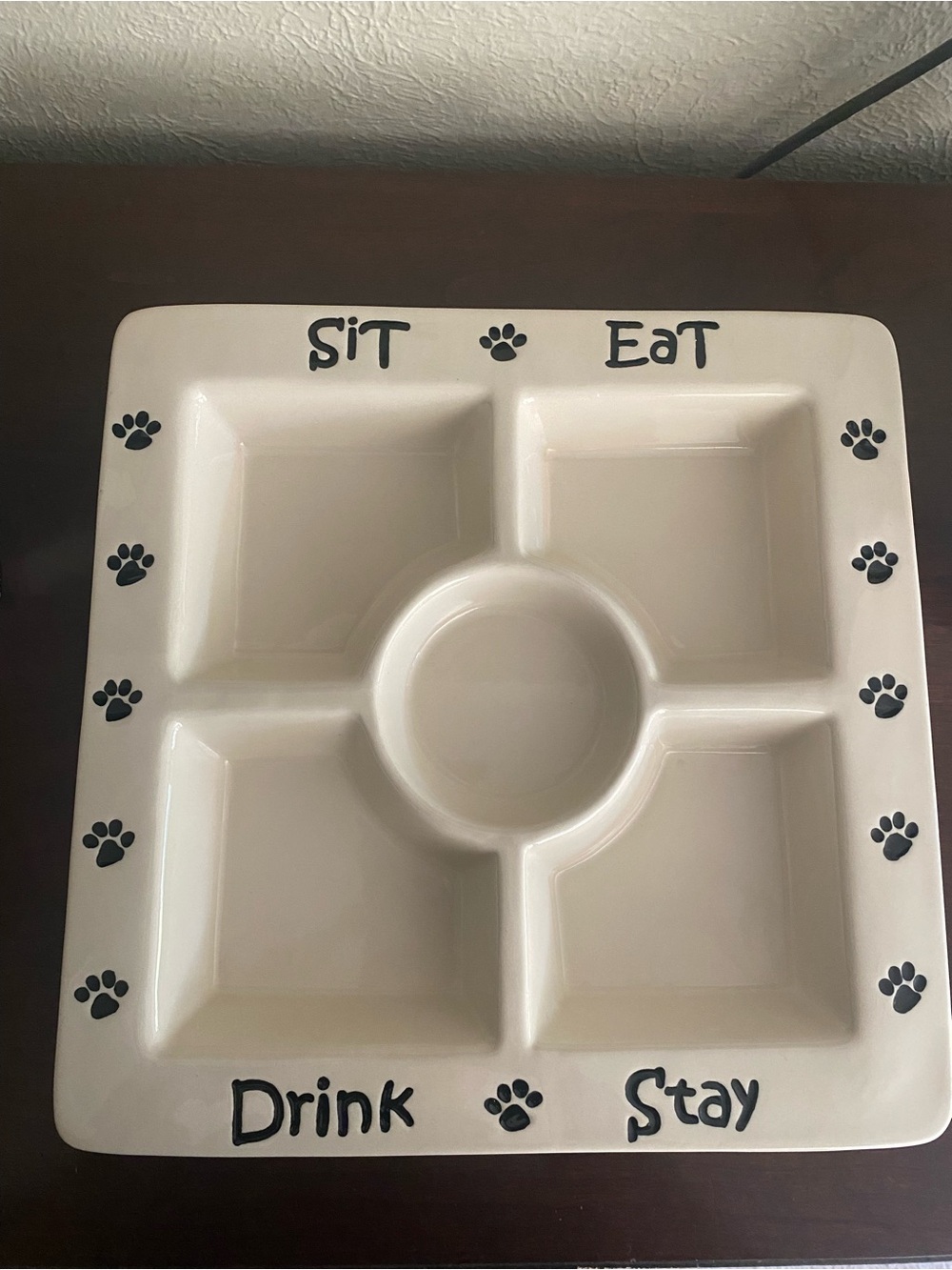 Ceramic Divided Platter with Paw Prints and the words SIT, EAT, DRINK, STAY